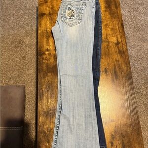 Miss Me Two-Tone Bootcut Jeans in Light Wash and Dark Indigo